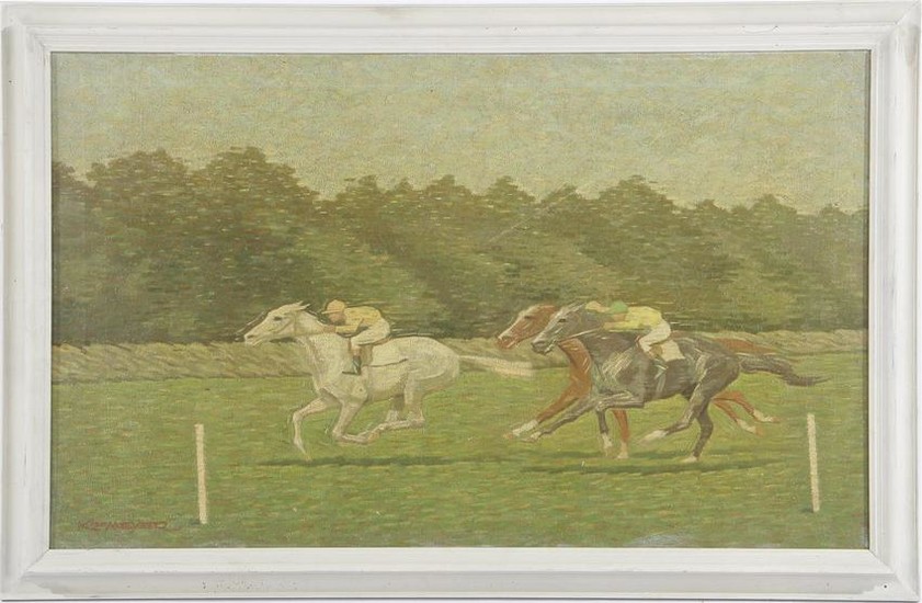 Signed K E Meyer, the horse race, canvas 50x80 cm