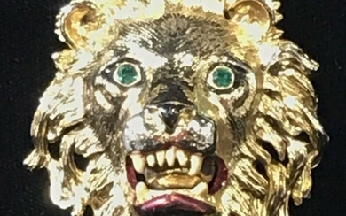 Signed Lion Head Figural Gold Toned Brooch