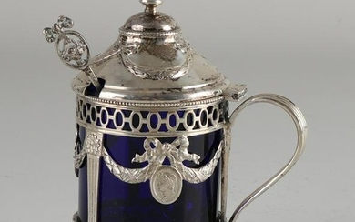 Silver mustard pot, 800/000, with blue glass inner