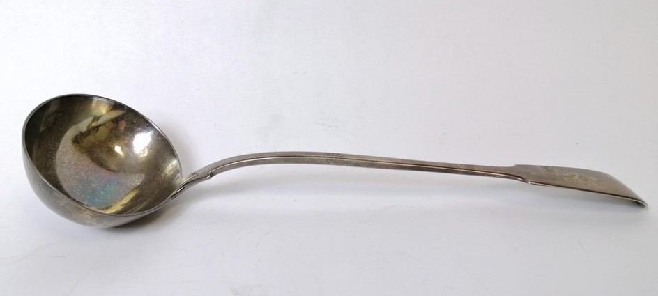 Silver soup ladle, fiddle pattern, initialled by George Adam...
