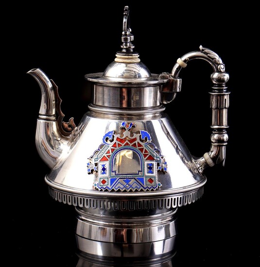 (-), Silver teapot, 835/1000, with enamelled decor, Russia...