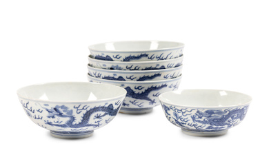 Six Chinese Blue and White Porcelain 'Dragon' Bowls