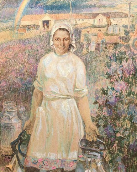 Social realism tempera painting Portrait of a milkmaid