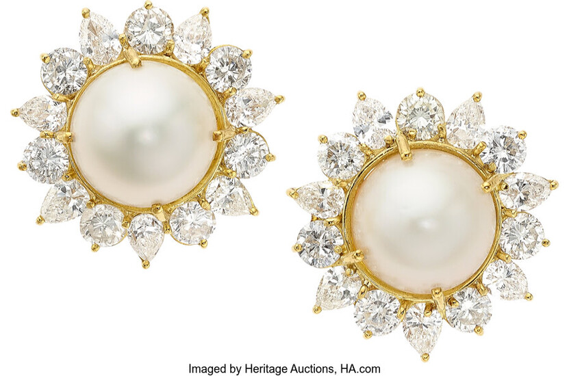 South Sea Cultured Pearl, Diamond, Gold Earrings Stones: Pear-shaped...