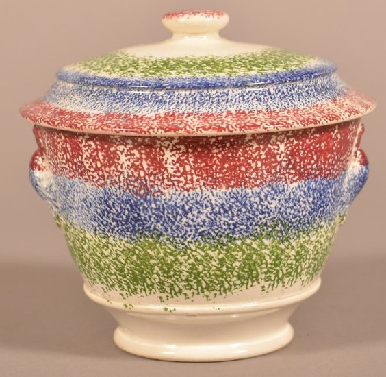 Staffordshire China 3 Color Spatter Covered Sugar Bowl.