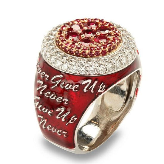 Stambolian “Never Give Up” Red Enamel Ruby and Diamond