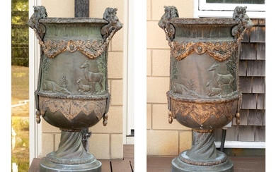 PAIR OF LARGE PATINATED BRONZE GARDEN URNS BY...