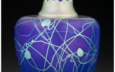 Steuben Decorated Tiffany Blue Glass Leaf and Vine Vase with Intarsia Collar (circa 1915)