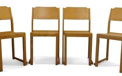 Sven Markelius (Swedish 1889-1972), a set of five stacking orchestra chairs, produced by Svenska Mobelfabrikerna, Bodafors, c.1932, The birch ply back rails and seats on square tapering solid birch supports, Each 80.5cm high, 43.5cm wide (5) Note:...