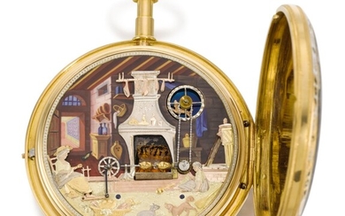 'THE KITCHEN' SWISS | A RARE GOLD AND ENAMEL WATCH WITH AUTOMATON DEPICTING A KITCHEN SCENE ATTRIBUTED TO PIERRE-SIMON GOUNOUILHOU, GENEVA CIRCA 1820