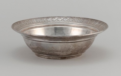 TIFFANY & CO. STERLING SILVER BOWL Flaring rim with a die-cast foliate and geometric design. Not monogrammed. Diameter 6.75". Approx...