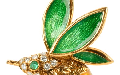 TWO 18K YELLOW GOLD, DIAMOND, EMERALD AND ENAMEL BEE BROOCHES