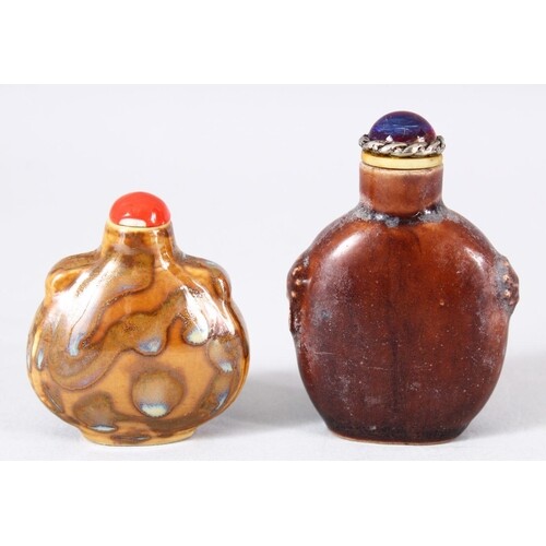 TWO CHINESE PORCELAIN SNUFF BOTTLES - one jun ware twin hand...