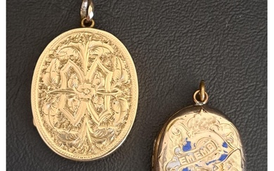 TWO GOLD PLATED OVAL LOCKET PENDANTS both with engraved deco...