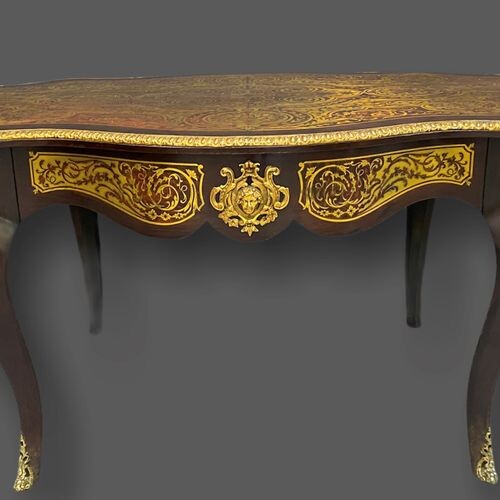 Table in marquetry and application of Boulle style bronzes. Mid...