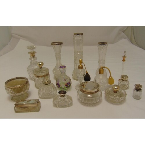 Thirteen dressing table bottles, decanters and vase with sil...