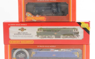 Three Hornby OO gauge model railway diesel locomotives, R874, R074, R360.