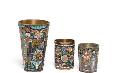 Three Russian gilt silver and enamel cups