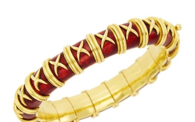 Tiffany & Co., Schlumberger Gold and Red Paillonné Enamel Bangle Bracelet, France