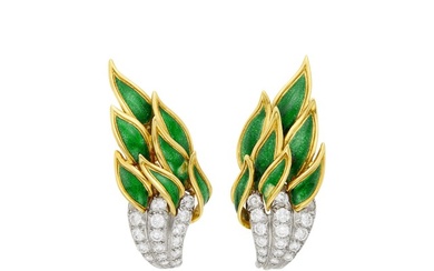 Tiffany & Co., Schlumberger Pair of Platinum, Gold, Green Enamel and Diamond 'Flame' Earclips