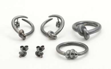 NOT SOLD. Toftegaard: Two pairs of oxidized sterling silver rings and two pairs earrings. Size...