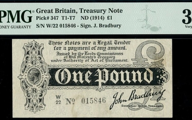Treasury Series, John Bradbury, first issue £1, ND (7 August 1914), serial number W/22 015846,...