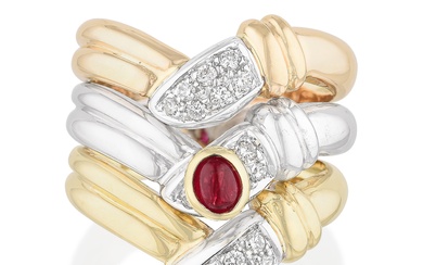Tri-Color Gold Ruby and Diamond Ring