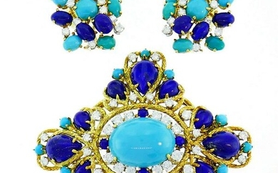 Turquoise Lapis Gold Pin BROOCH Clip EARRINGS Set with