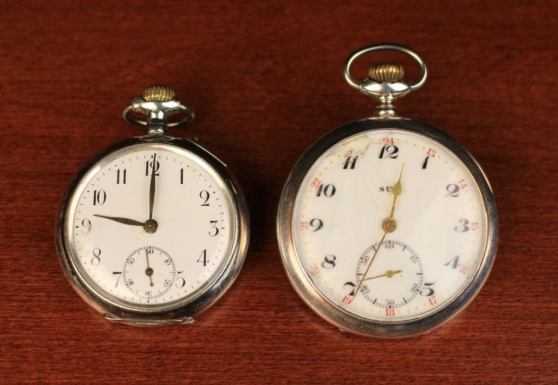 Two Antique Silver Pocket Watches: One engraved with Art Nouveau style foliage scrolling around a va
