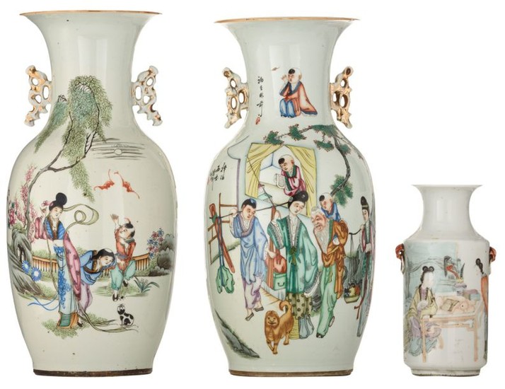 Two Chinese famille rose vases, decorated with figures,...