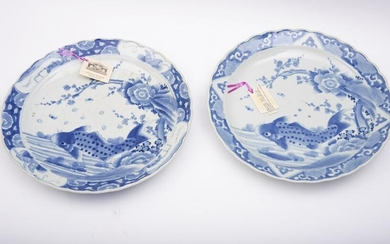 Two large Japanese blue and white porcelain chargers