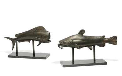Two patinated bronze models of fish