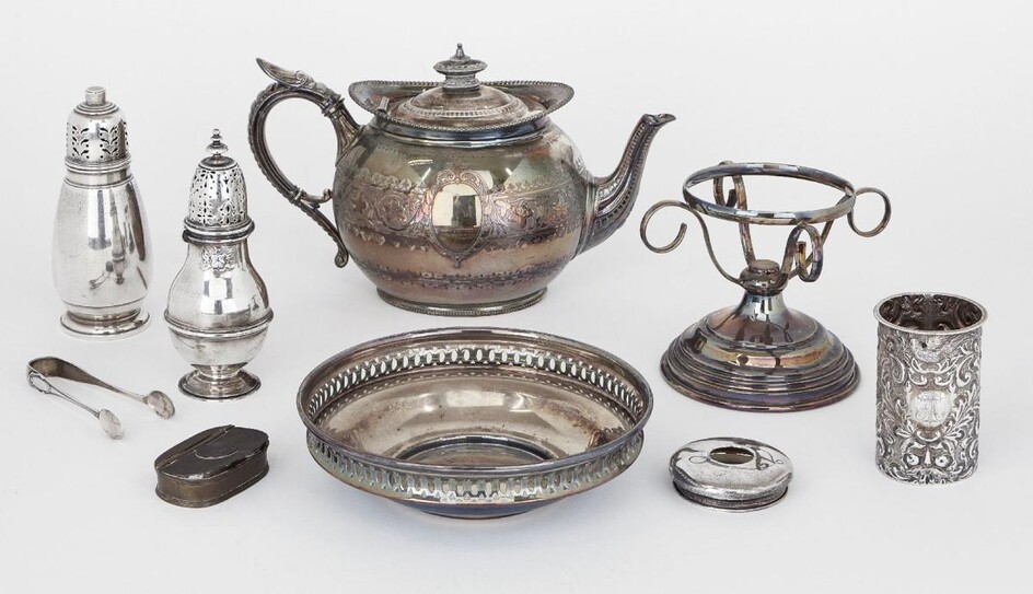 Two silver sugar casters, the baluster example London, c.1907, Carrington & Co., designed with repousse heraldic shield to body, the second caster Birmingham, c.1938, Walker & Hall, together with a pair of silver sugar nips; a silver vanity jar...