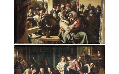 Une paire de petites peintures flamandes à la manière de Jan Steen, 19ème siècle. Huile...