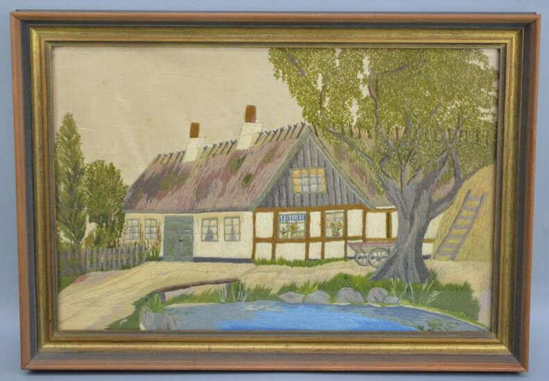 Unusual Silk Work Painting of a Cottage