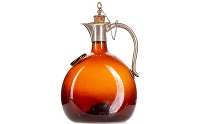 VICTORIAN SILVER MOUNTED AMBER GLASS FLAGON DECANTER T.N., BIRMINGHAM 1894
