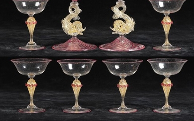 Venetian Champagne Coupes and a Pair of Candleholders, Venice, Murano, 1980