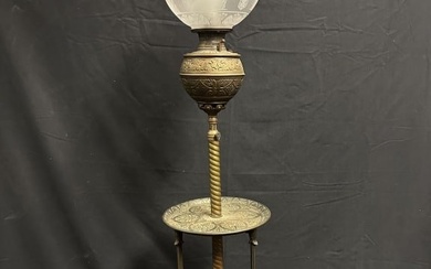 Victorian Brass Convert Floor Oil Lamp EtchedGlobe