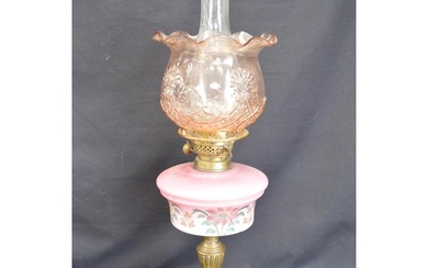 Victorian oil lamp having hand painted glass reservoir suppo...