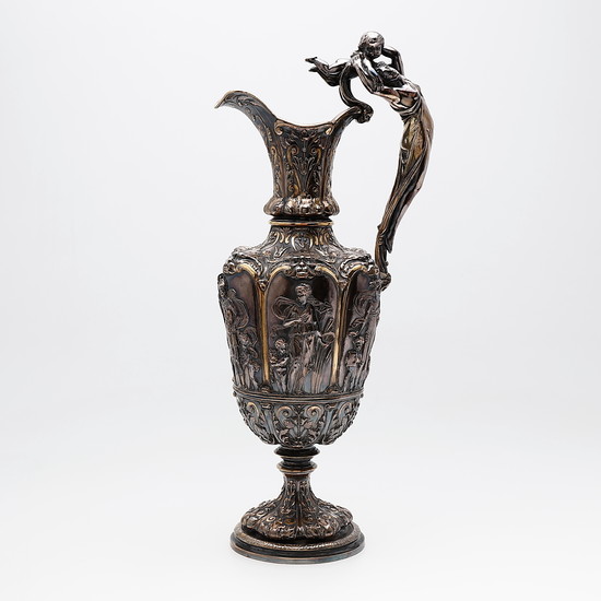 Victorian-style water pitcher in galvanised silver-plating by Elkington & Co., 1884.