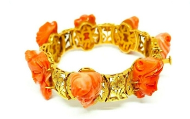 Vintage 14k Yellow Gold Carved Coral Bracelet