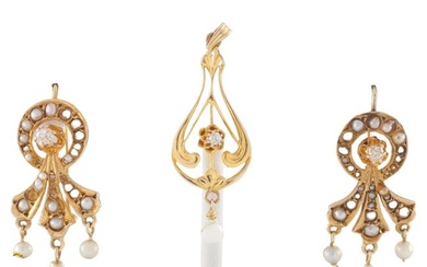 Vintage 14k Yellow Gold Diamond & Seed Pearl Pendant & Earring Set