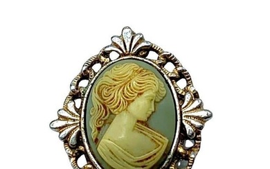 Vintage Cream Cameo Brooch Depicting A Silhouette Of A Victorian Beauty
