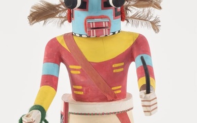 Vintage Hopi kachina doll. Paint decorated carved wood with feathers. Height of wood 10.5in. Missing