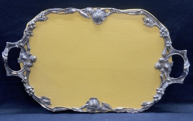 Vintage Yellow Wood & Silver Plated Tray