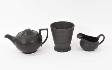 Wedgwood black basalt vase, a milk jug and a teapot and cover