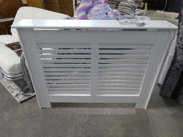 White radiator cover with horizontal slatsWhite radiator cover with horizontal...