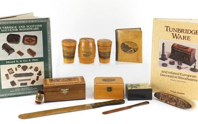 Woodenware and reference books including Mauchline Ware