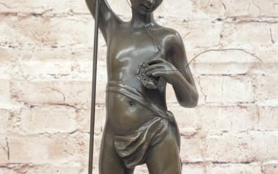 Young Boy Child Fishing - Bronze Sculpture Figure on Marble Base by A. Bofill