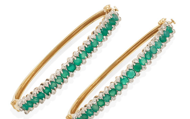 a pair of 14k gold, emerald and diamond bangles
